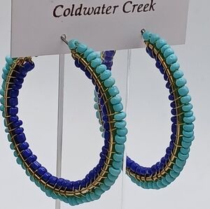 Coldwater Creek Beaded Blue & Gold Hoop Earrings